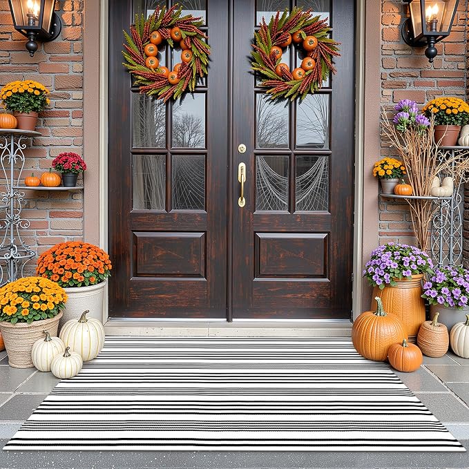LEEVAN 3'X5' Black and White Striped Woven Cotton Reversible Outdoor Rug | Small Machine Washable Front Porch Rug, Entryway Door Mat, Indoor Layering Carpet for Farmhouse Bathroom Laundry