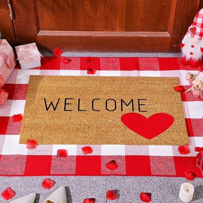 Moucuny 2 Pcs Valentine's Day Coir Welcome Doormat Valentine's Day Rug Outdoor Layered Buffalo Plaid Red and White Mat Red Heart Mat for Front Porch Entryway Outdoor