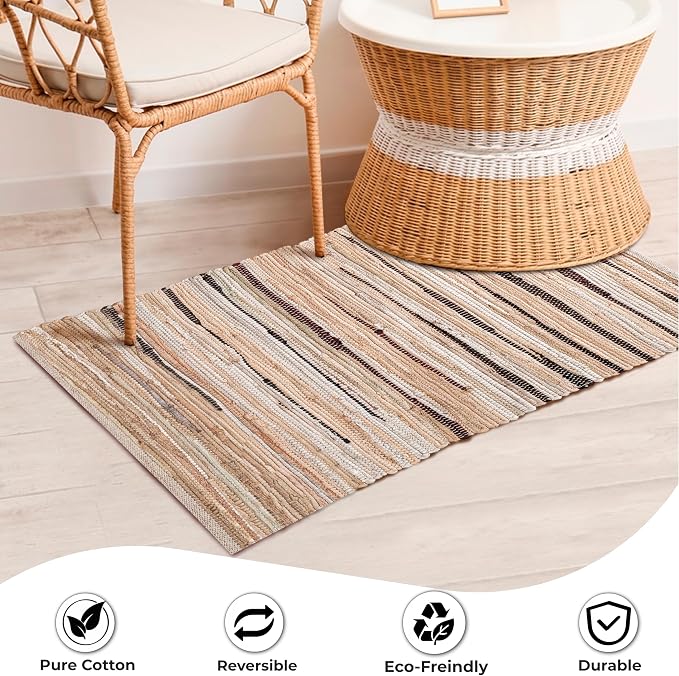 Ramanta Home Hand Woven 100% Cotton Chindi Rag Rug 2'x3' - Linen, Recycled Reversible Rug, Boho Rustic Farmhouse Rugs for Living Room, Kitchen, Entryway, Bedroom Floor Mats - 24"x36"