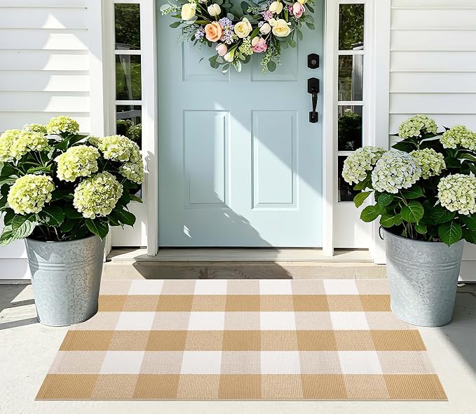 Front Door Mats Outdoor 24''X35'' Khaki and White Layered Doormat Cotton Woven Farmhouse Washable Small Area Rug for Welcome Mat/Entryway/Bedroom/Living Room