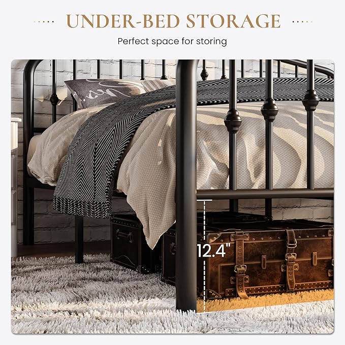 SHA CERLIN Twin Size Metal Bed Frame with Wrought Iron-Art Headboard, Black | Victorian Style Metal Platform Bed Frame, Wrought Iron-Art Headboard and Footboard, Under-Bed Storage, No Box Spring Needed