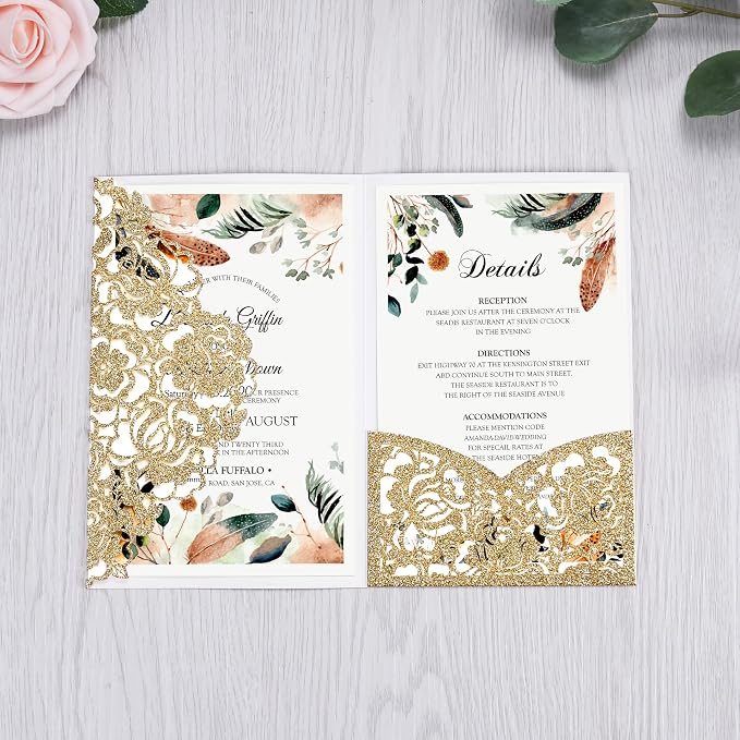 DORIS HOME 50Pcs Personalized Laser Cut Wedding Invitations, Gold Glitter | 4.7"x7.1", Customized Anniversary Invitations, With Envelopes