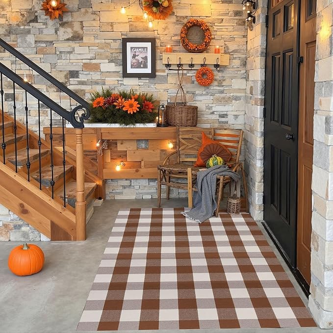 Buffalo Plaid Outdoor Rug 4x6 Ft Coffee and White Checkered Area Rug Washable Fall Indoor Outdoor Rugs for Entryway,Hallway, Kitchen, Living Room, Dining Room, Bedroom