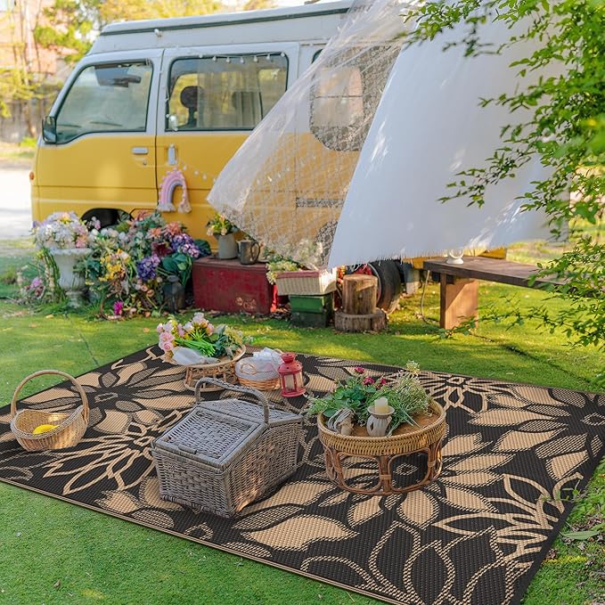 GENIMO Outdoor Rug, Waterproof Plastic Rugs for Patio, 9'x12' Onyx Brown | Outside Larger Leaf Carpet Mat for Porch Decor, Deck, Balcony, Camping, RV, Backyard, Picnic, Beach, Reversible, Foldable