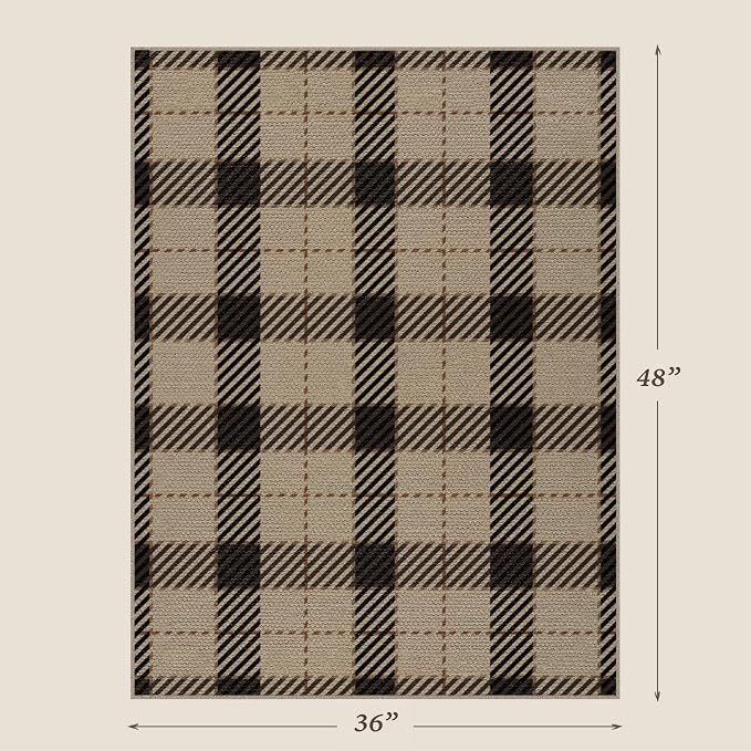 3x4 Entryway Door Mat Indoor – Washable Non Slip Small Rug for Front Door, Kitchen Sink, Mudroom, Garage Entry, Low Profile Easy Clean Farmhouse Plaid Floor Mat