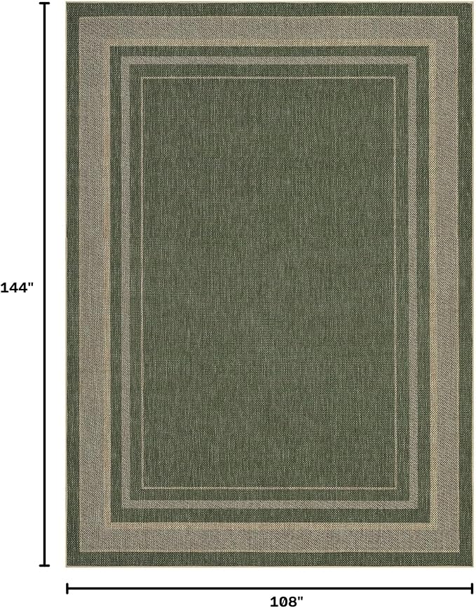 GarveeHome 9x12 Large Area Rug for Living Room Easy Jute Modern Rugs | Non Slip Low Pile Neutral Bordered Solid Tan Dining Room Rugs Washable Carpet for Bedroom Home Office Decor, Green