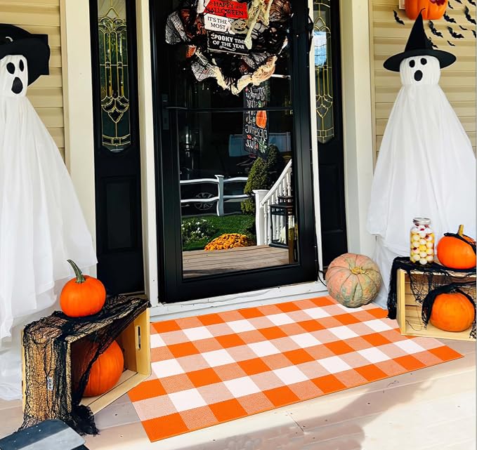 Orange and White Layered Doormat 27.5''x 43.3''Fall Outdoor Rug Cotton Woven Washable Farmhouse Door Mats Outdoor for Halloween Mat,Entryway,Bedroom,Patio