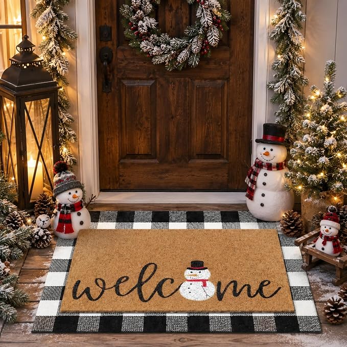 Tinideya 2 Pcs Winter Door Mat Snowman Welcome Non Slip Coir Mats Snow Black White Buffalo Plaid Floor Layering Doormats Seasonal for Front Porch Entryway Decor(Snowman)