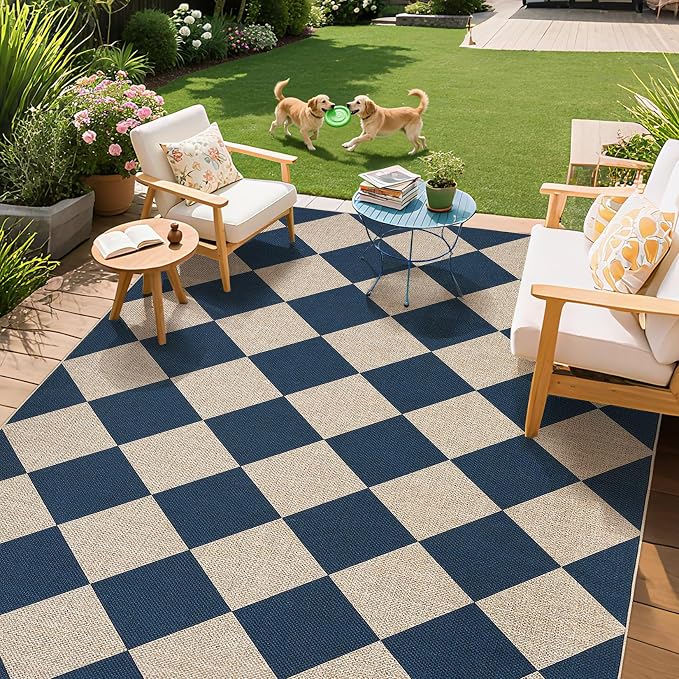 GarveeHome Easy Jute Area Rugs 6x9 for Living Room Non-Slip Backing Checkered Rugs Machine Washable Modern Indoor Outdoor Carpets for Dining Room Nursery Patio Bedroom Backyard Camping Navy Blue