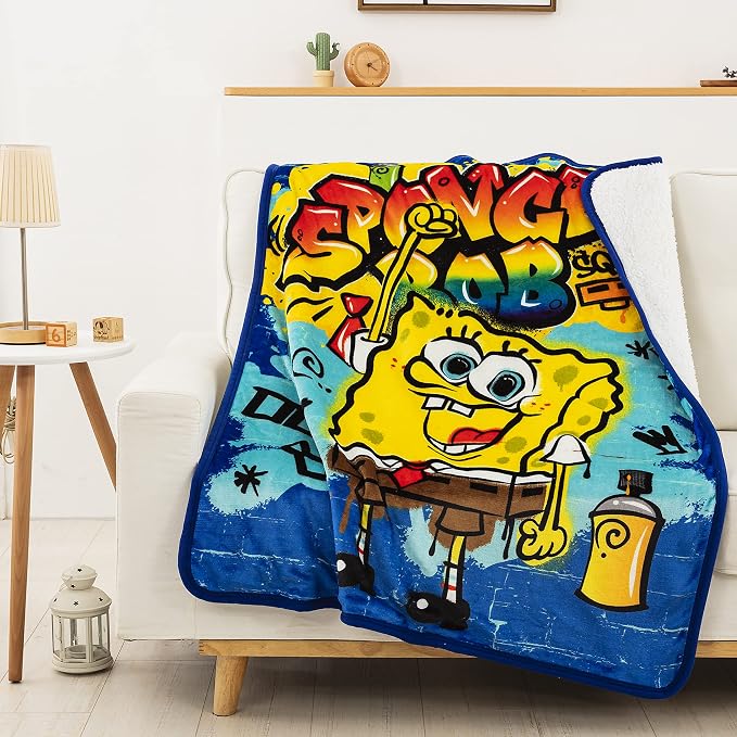 Northwest Spongebob Squarepants Silk Touch Sherpa Throw Blanket, 40" x 50", Graffiti Bob