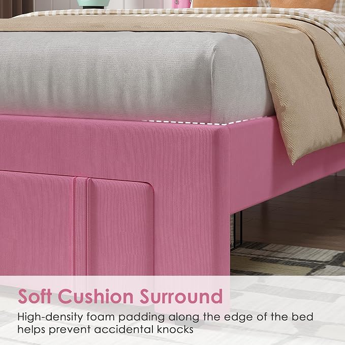 VECELO Twin Size Upholstered Bed Frame with Storage Drawer, Adjustable Velvet Rivet Decor Headboard, Wooden Slats Platform Support, No Box Spring Needed, Easy Assembly,Pink