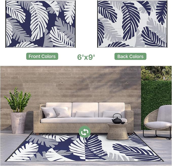 GENIMO Outdoor Rug, Waterproof Plastic Rugs for Patio, 6'x9' Blue White | Outside Larger Leaf Carpet Mat for Porch Decor, Deck, Balcony, Camping, RV, Backyard, Picnic, Beach, Reversible, Foldable