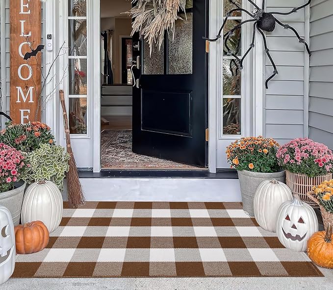 Coffee and White Outdoor Rug 27.5''x 43.3''Buffalo Plaid Layered Doormat Woven Machine Washable Farmhouse Door Mats Outdoor for Hello/Welcome Mat,Entryway,Bedroom,Patio