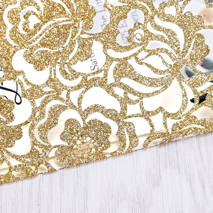 DORIS HOME 50Pcs Personalized Laser Cut Wedding Invitations, Gold Glitter | 4.7"x7.1", Customized Anniversary Invitations, With Envelopes