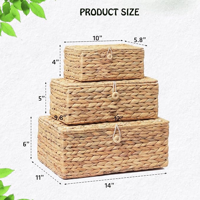 LUSYDECO Set of 3 Wicker Storage Baskets with Lid, Large Rectangular Rattan Basket Decorative Boxes, Natural Water Hyacinth Wicker Basket for Shelf Organizer, Nursery Room