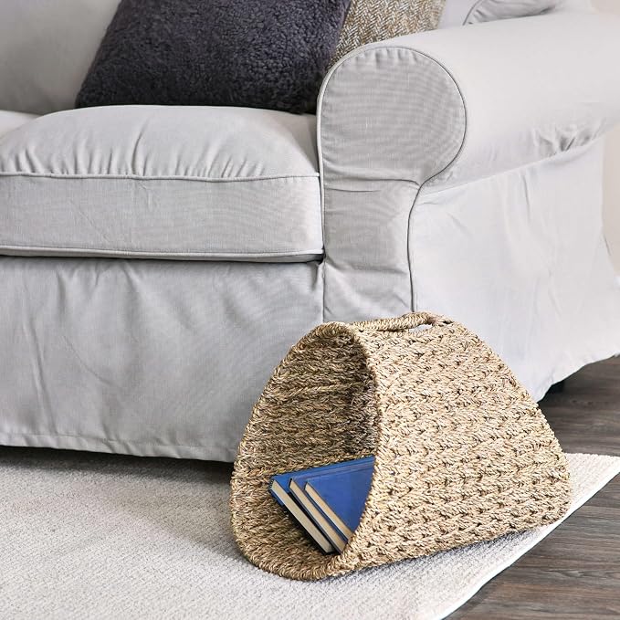 Household Essentials Handwoven Seagrass and Iron Magazine Rack, Natural Finish