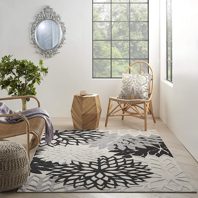 Nourison Home Aloha Indoor/Outdoor Black White 5'3" x 7'5" Area Rug, Tropical, Botanical, Easy Cleaning, Non Shedding, Bed Room, Living Room, Dining Room, Deck, Backyard, Patio (5x7)