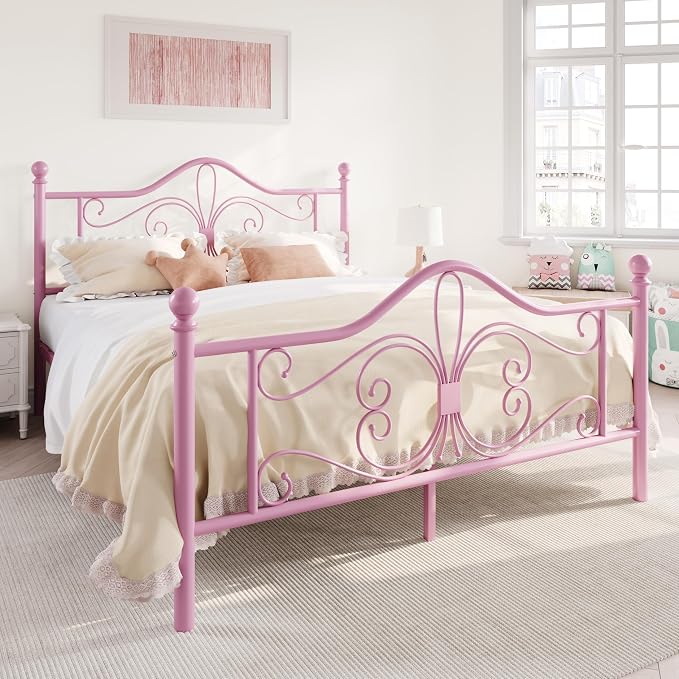 SHA CERLIN Queen Size Metal Bed Frame with Butterfly Headboard, Pink | Metal Platform Bed for Kids, Wrought Iron-Art Headboard/Footboard, Under-Bed Storage, No Box Spring Needed, Easy Assembly