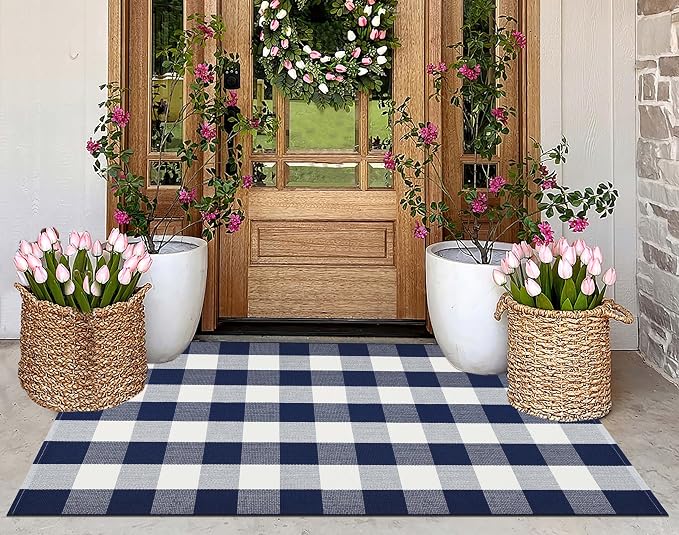 Blue and White Outdoor Rug 3'X 5' Buffalo Plaid Porch Rug Cotton Woven Washable Indoor Outdoor Area Rug for Welcome Door Mat Front Porch Entryway Bedroom Living Room