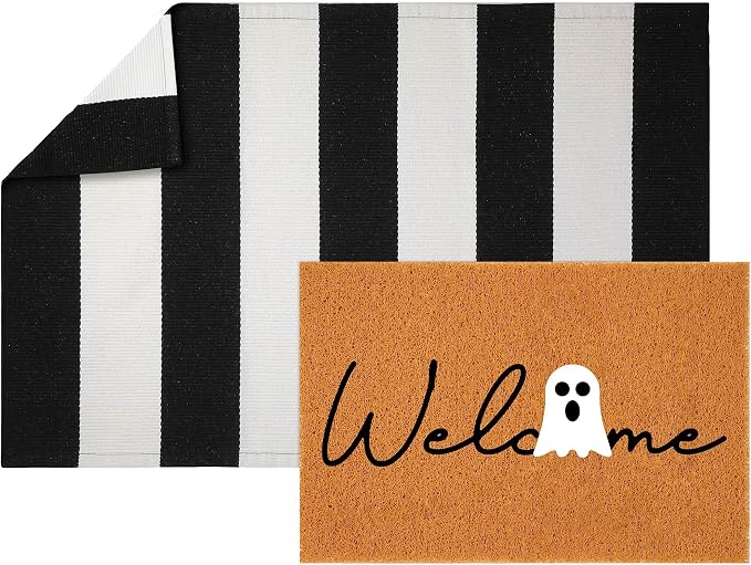2 Pcs Outdoor Door Mat Combo Set Layered Outdoor Rug and Coir Welcome Doormat Non Slip Outside Floor Mat for Front Porch Entryway Patio Yard Decor(Halloween,24'' X 35'',24'' X 16'')