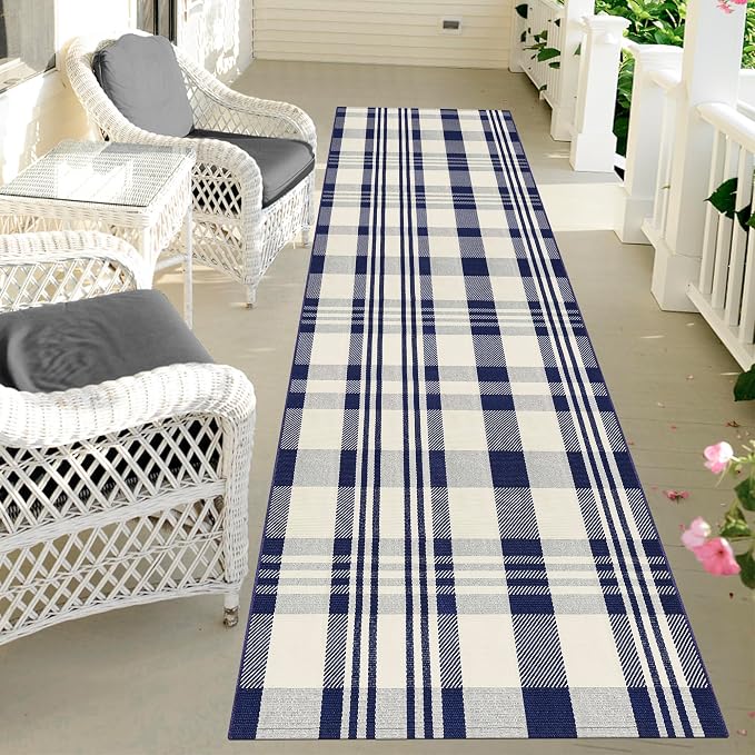 Buffalo Plaid Runner Rug 3x10 Feet Navy and Off White Hallway Runner Rug Cotton Woven Rug Farmhouse Checkered Rug Washable Runners for Entryway Kitchen Bedroom Living Room