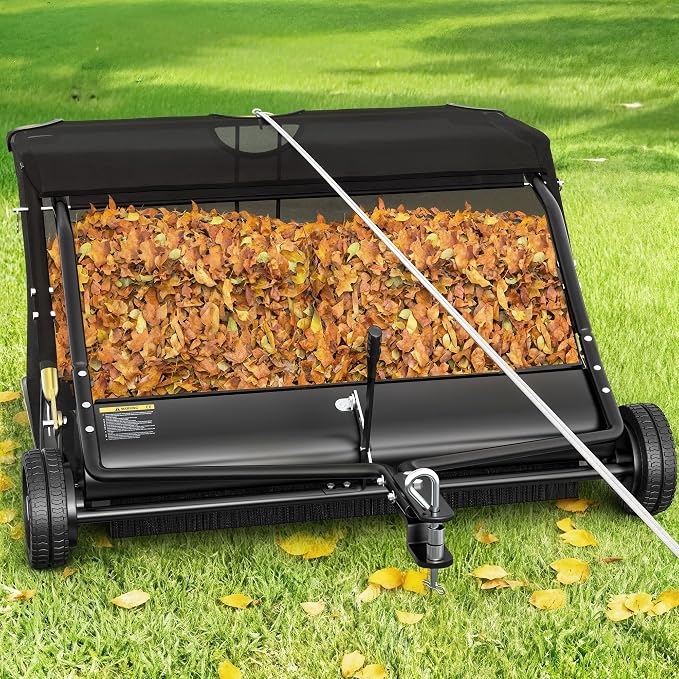AUTOSAVER88 42" Lawn Sweeper Tow Behind with Adjustable Sweeping Height | Leaf & Grass Collector with Dumping Rope Design, 13 Cu.ft Hopper Pull Behind Lawn Sweeper for Leaves, Grass & Debris
