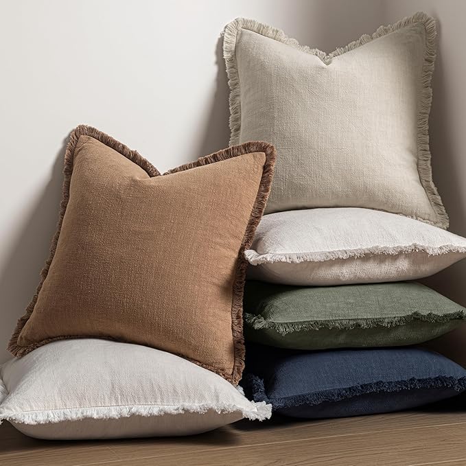 MIULEE Decorative Throw Pillow Covers Neutral Linen Fringe Throw Pillows Set of 2 Brown Boho Farmhouse Cushion Covers with Tassels for Couch Sofa Bed Living Room Spring Home Decor 18x18 Inch