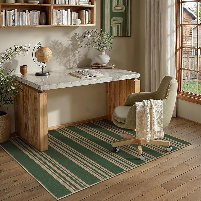 PureCozy Striped Easy Jute Rug 4x6 Green Entryway Carpet Washable Non Slip Office Door Mat Farmhouse Neutral Non Shedding Small Indoor Outdoor Rug for Bathroom Kitchen Bedroom Living Room