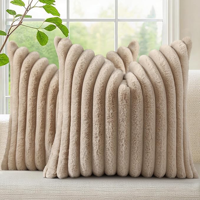 decorUhome Cozy Faux Fur Throw Pillow Covers 16x16 Set of 2 Decorative Soft Plush Striped Modern Farmhouse Boho Couch Pillow Cases with Velvet Back for Sofa Bed Living Room, Khaki Brown