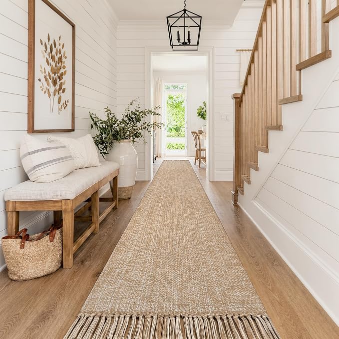 Collive Boho 18 ft Long Runner Rug for Hallway, Washable Kitchen Runner Rug, Cotton Hand-Woven Farmhouse Entry Hall Carpet, Tan Braided Reversible Carpets for Bedside