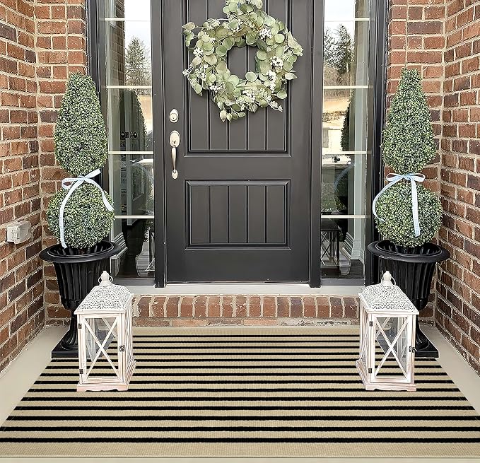 BUAGETUP Outdoor Rug 3'x 5',Black and Khaki Striped Porch Rug Cotton Woven Washable Rug Indoor/Outdoor Area Rug Floor Mat for Farmhouse Living Room Bedroom