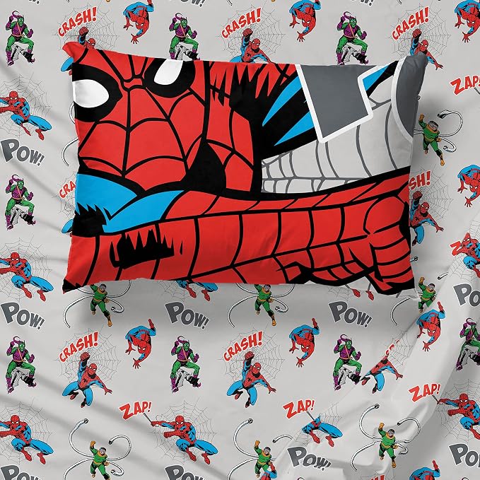 Marvel Spiderman Queen Comforter Set 7 Piece Bedding for Boys, Grey | Bed in a Bag, Comforter Sheets Shams Pillowcases, Official Product, Soft Microfiber, Machine Washable Easy Care, Boys Gift
