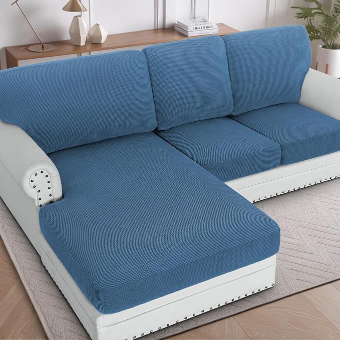 H.VERSAILTEX Sectional Couch Covers 3 Pieces Sofa Seat Cushion Covers L Shape Separate Cushion Couch Chaise Cover for Both Left/Right Sectional Couch (Seat Only: 1 Chaise + 2 Sofa, Dusty Blue)