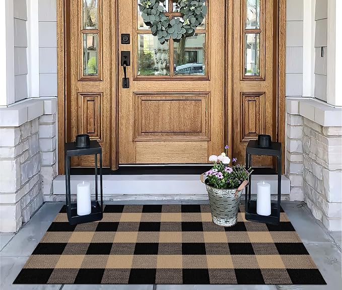 Khaki and Black Outdoor Rug 27.5''x 43.3''Checkered Layered Doormat Cotton Woven Washable Farmhouse Door Mats Outdoor for Front Porch,Entryway,Bedroom,Patio