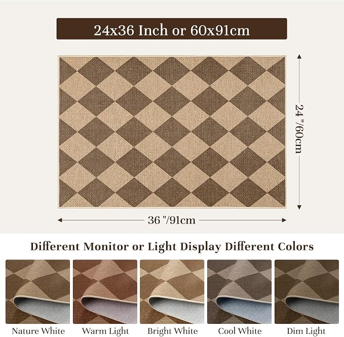 EDIMENS Checkered Easy Jute 2x3 Entryway Rugs Front Door Mat Entry Rug | Non Slip Small Area Rug Kitchen Mat Checkered Rug Farmhouse Low Pile Washable Brown Indoor Outdoor Doormat for Porch Doorway