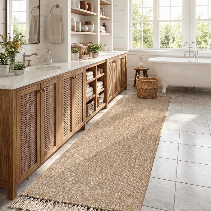 Collive Kitchen Runner Rug, 2.6' x 12' Washable Modern Farmhouse Bathroom Runner Rugs, Boho Hand-Woven Entryway Runner Rug Tan Reversible Hallway Carpet for Laundry Bedroom Front Door Decor