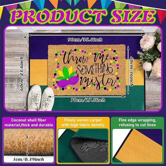 Moucuny 2 Pcs Mardi Gras Coir Doormat Outdoor Mardi Gras Welcome Outdoor Rug Layered Purple Yellow Green Stripe Rug for Carnival Front Porch Entryway Decor