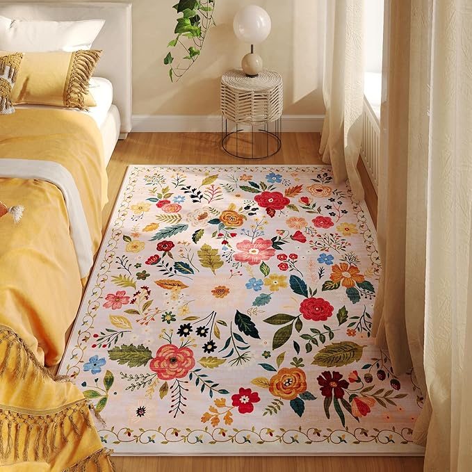 Rugcomf Bedroom Rug 3x5 Rug Washable Area Rug Non Slip Low Pile Boho Floral Small Carpet for Bedroom, Bedside, Kitchen, Entryway, Kids Room, Office, College Dorm Essentials for Girls(Beige)