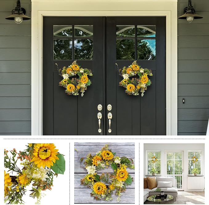 Sunflower Wreaths - Set of Two 22-Inch Artificial Spring, Summer, or Fall Wreaths for Home Decor - Wreaths for Indoors or Covered Patio by Pure Garden