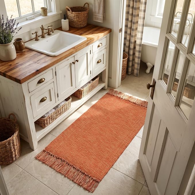 Collive 2' x 4.3' Indoor Outdoor Rug, Modern Farmhouse Kitchen Runner Rugs Hand-Woven Bathroom Mat, Washable Entry Carpet Reversible Front Door Mats for Laundry Bedroom Porch Terracotta Fall Decor