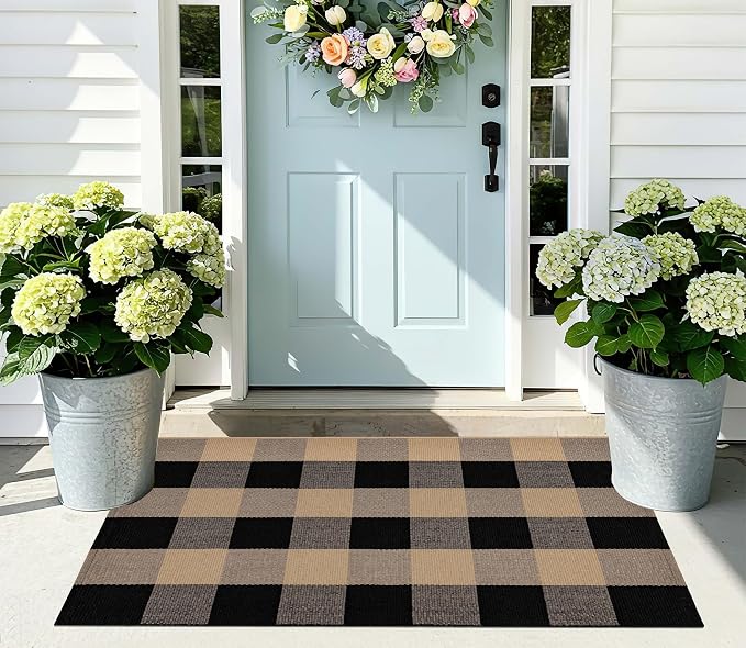 Spring Layered Doormat 24''X35''Buffalo Checkered Outdoor Rug Cotton Woven Washable Farmhouse Entryway Rug for Welcome Mat Front Porch Bedroom Living Room
