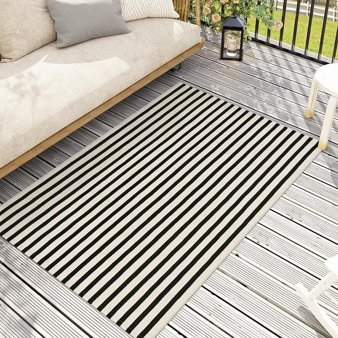 OJIA Washable Area Rugs 4'x6' Black and Cream Outdoor Rug Porch Patio Decor | Cotton Woven Entryway Rugs Indoor Striped Patio Rug Carpet for Bedroom/Front Porch/Deck/Backyard/Home Outside Entrance Decor