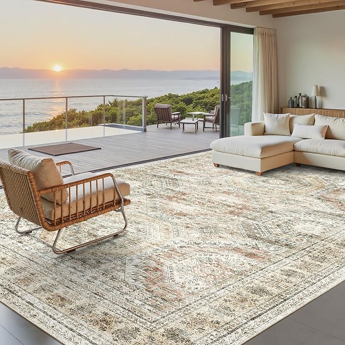 Washable Area Rug 8x10, Large Soft Rugs for Living Room Vintage 8x10 Area Rugs for Bedroom Dining Room Non-Slip Stain Resistant Under Table Brown Pink Rug