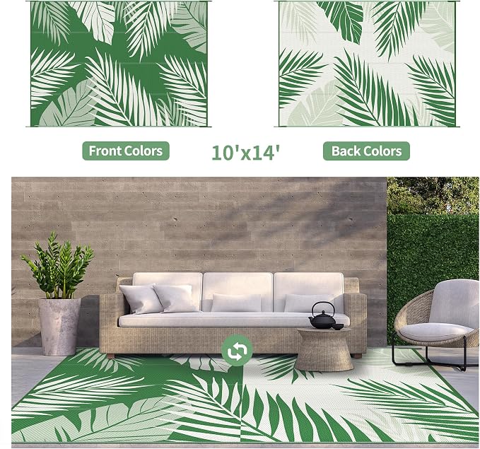 GENIMO Outdoor Rug, Waterproof Plastic Rugs 10'x14' for Camping Dark Green | Outside Larger Leaf Carpet Mat for Porch Decor, Deck, Camping, RV, Backyard, Balcony, Picnic, Beach, Reversible, Foldable