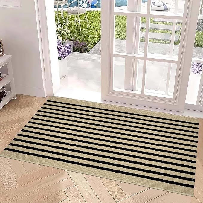 Black and Khaki Outdoor Rug 2'x4',Striped Front Porch Rug Washable Front Door Mat Entryway Throw Rug for Front Porch Indoor Outdoor Doormat