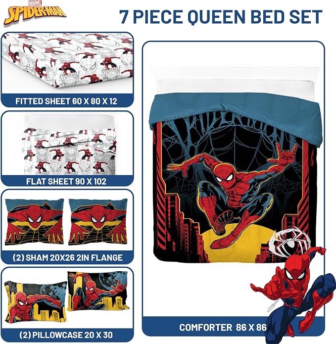 Jay Franco Kids Comforter Set Includes Sheets and Pillow Covers - Soft and Cozy Bed Set for Stylish Room Decor, Official Licensed Bedding, Black - Spiderman, 7 Piece Queen
