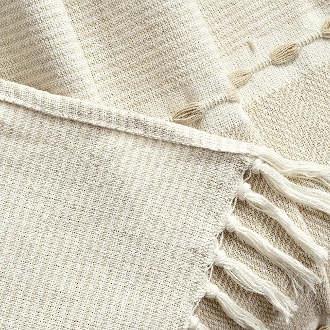 Lush Decor Herringbone Stripe Woven Tassel Yarn Dyed Cotton Throw Blanket 50" W x 60" L Neutral & White - Striped Throw Blankets - Beige Couch Blanket