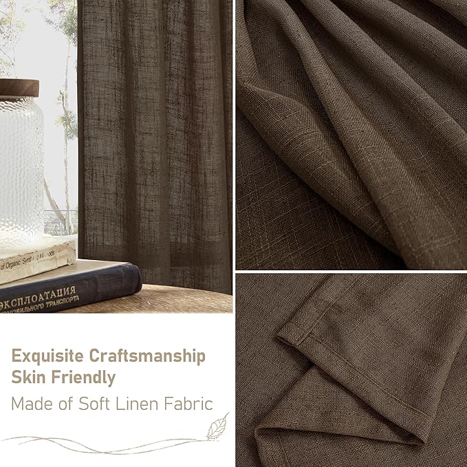 LAMIT Dark Brown 72 inch Linen Curtains for Living Room 2 Panels, Linen Textured Light Filtering Semi Sheer Back Tab and Rod Pocket Farmhouse Curtain Panels for Bedroom/Farmhouse, 52 x 72 Inch
