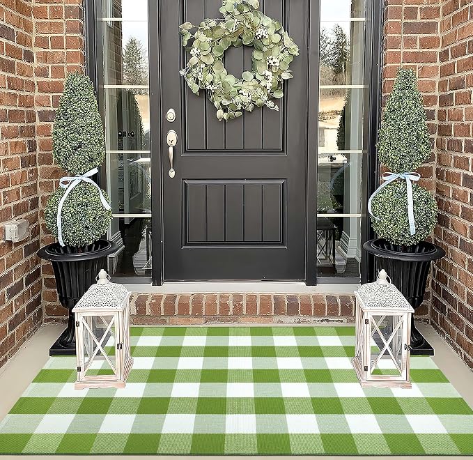 Front Porch Rug 3'x5'Checkered Green and White Outdoor Rug Farmhouse Layered Doormat Machine Washable Front Door Mat Outdoor for Hello Welcome Mat,Bedroom,Entryway,Patio