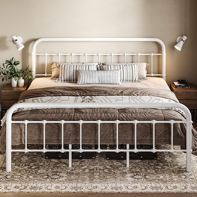 Allewie King Metal Bed Frame with Victorian Iron-Art Headboard, White | Victorian Style Wrought Iron-Art Headboard/Footboard, Easy Assembly, Under Bed Storage, No Box Spring Required